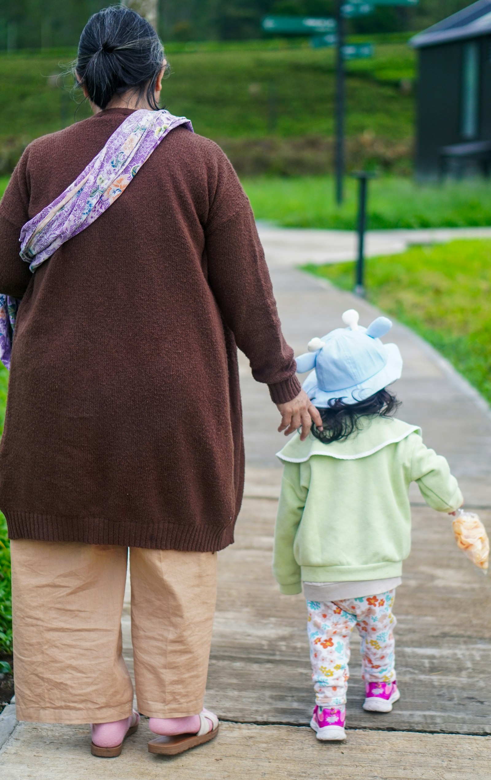 Grandmother walking hand in hand with her granddaughter along a garden path