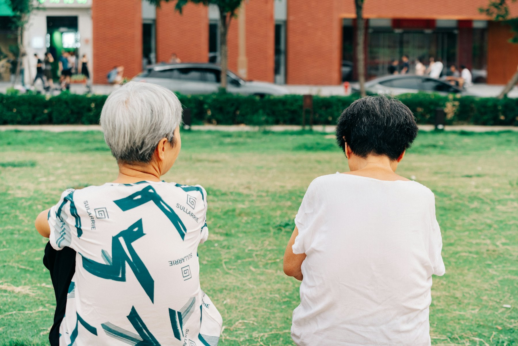 Two elderly women sitting together on the grass in a park