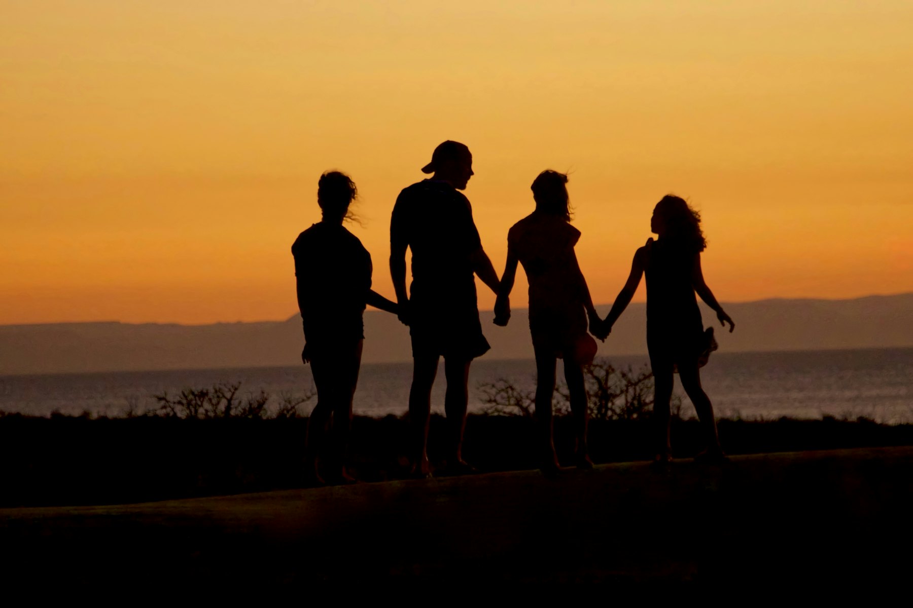 Family holding hands silhouetted against an orange sunset